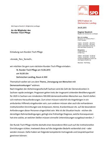 Einladung zum Runden Tisch Pflege - Dagmar Neukirch (MdL)