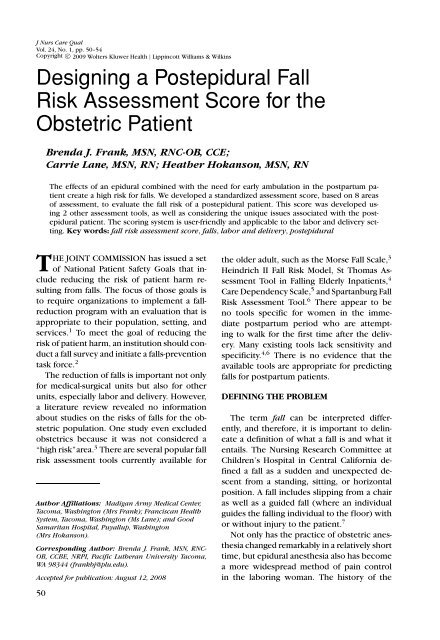 Designing a Postepidural Fall Risk Assessment Score for the ...