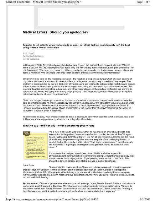 Medical Errors: Should you apologize? - MCIC Vermont Patient ...