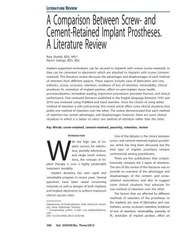 A comparison between screw- and cement-retained implant prostheses. A literature review