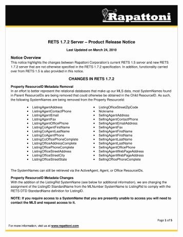 RETS 1.7.2 Server – Product Release Notice - Rapattoni Corporation