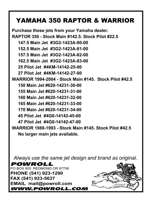 96-05 Yamaha YFM350 YFM 350 Wolverine Carburetor Jet Kit stock size 42.5 140
