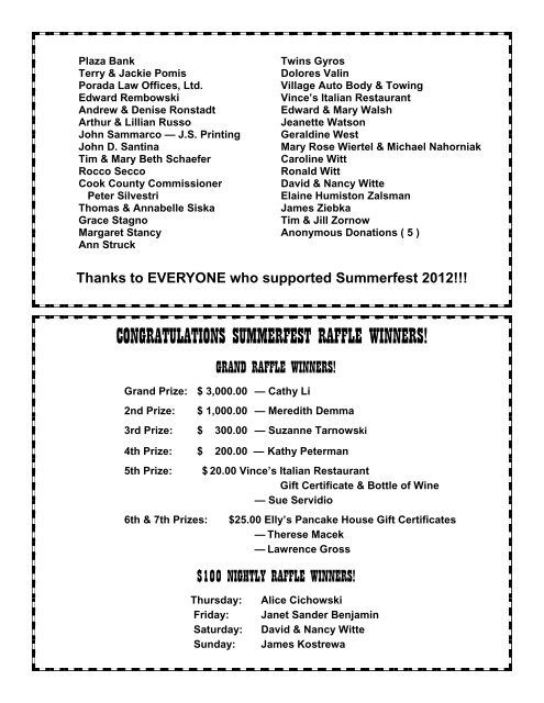 2012 Summerfest Sponsors and Raffle winners - Divine Savior