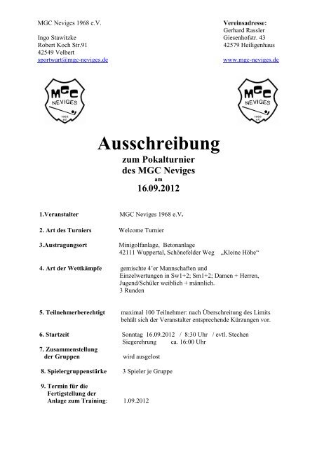 Ausschreibung zum Pokalturnier des MGC Neviges