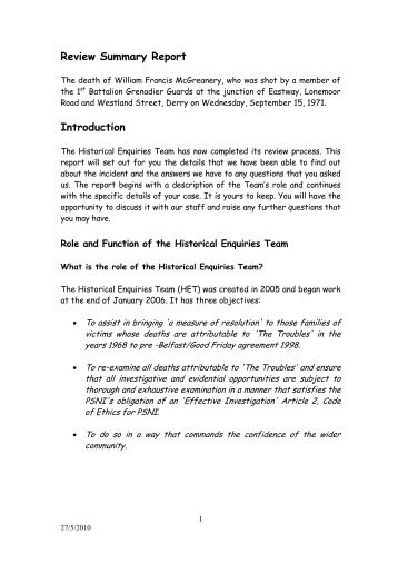 HET Review Summary Report into the death of William Francis ...