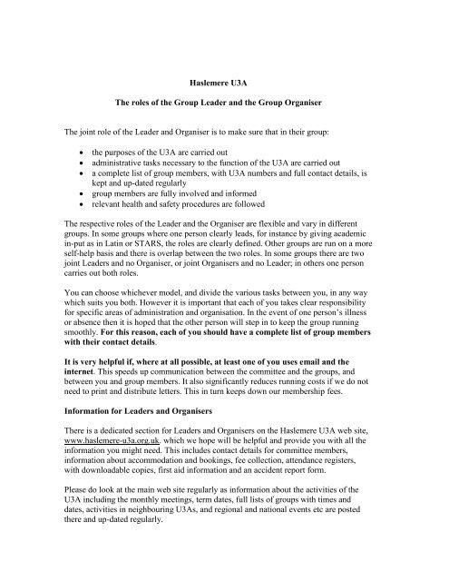 Roles of Leaders and Organisers (PDF) - Haslemere U3A