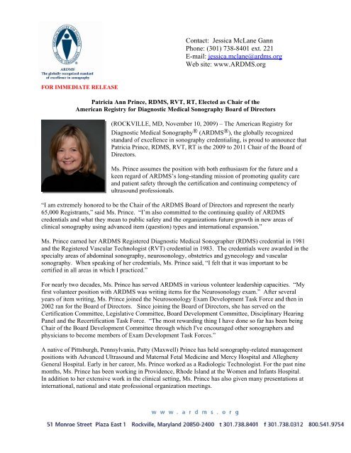 ARDMS welcomes Patricia Prince, RDMS, RVT, RT, as the new ...