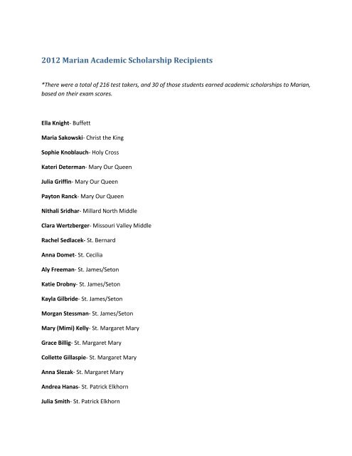 2012 Marian Academic Scholarship Recipients - Marian High School