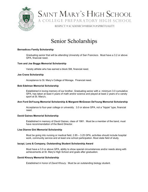 Scholarship Descriptions - Saint Mary's High School
