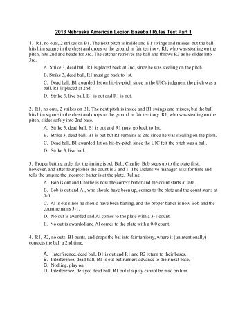 2013 Nebraska American Legion Baseball Rules Test Part 1 1. R1 ...