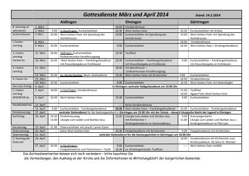 Gottesdienste März und April 2014