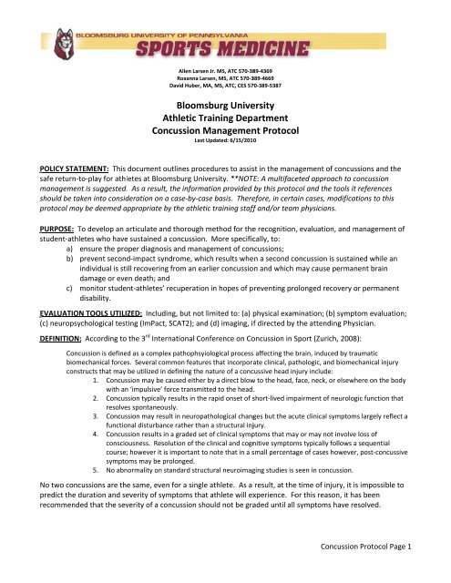 Bloomsburg University Concussion Management Protocol