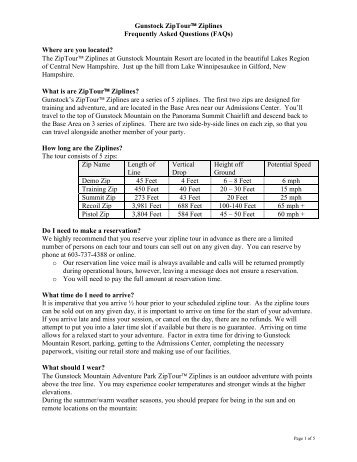 Gunstock Mountain / FAQ Sheet - Zip Tour (M1952180.DOC;1)