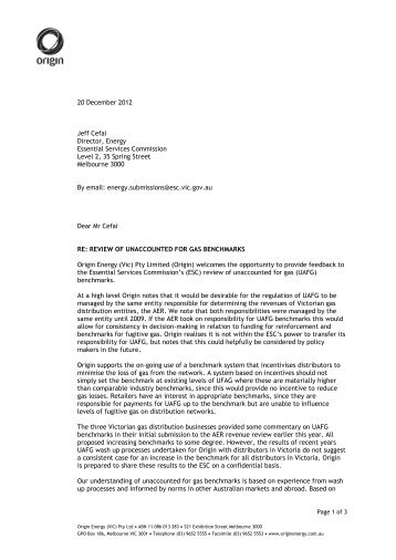 Origin Energy Letter - Essential Services Commission