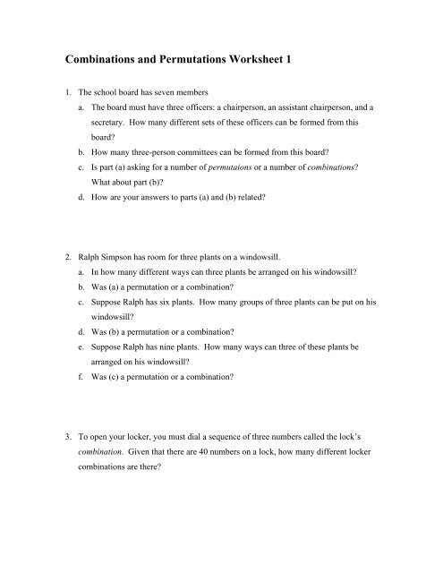 Combinations and Permutations Worksheet - Arapahoe High School