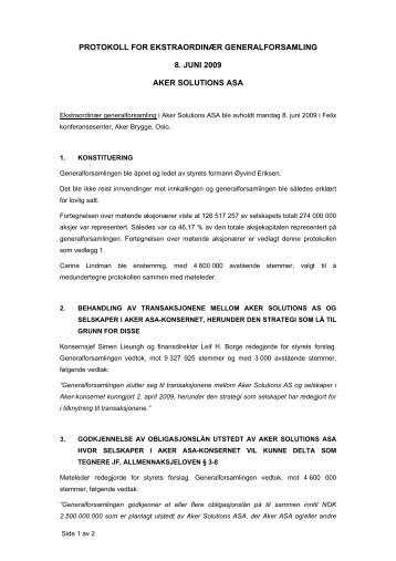 protokoll for ekstraordinÃ¦r generalforsamling 8. juni ... - Aker Solutions