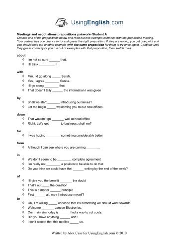 Meetings and Negotiations- Prepositions pairwork