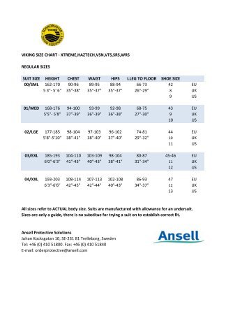 Viking XTREME Size Chart - Ansell Protective Solutions