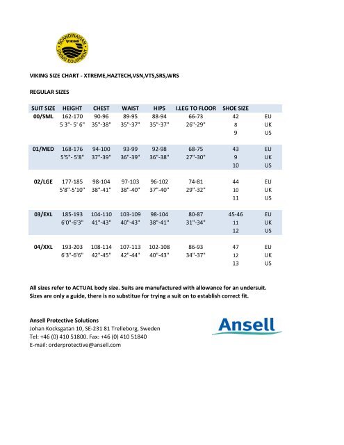 Ansell Size Chart