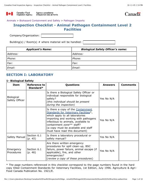 Inspection Checklist - Occupational Health and Safety