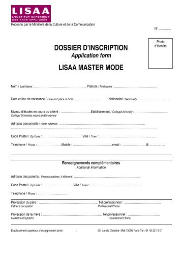 DOSSIER D'INSCRIPTION LISAA MASTER MODE