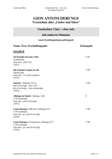 Gemischter Chor mit anderen Stimmen - Gion Antoni Derungs