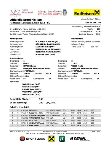 Ergebnisliste LC Slalom SchÃ¼ler 11.3.2012