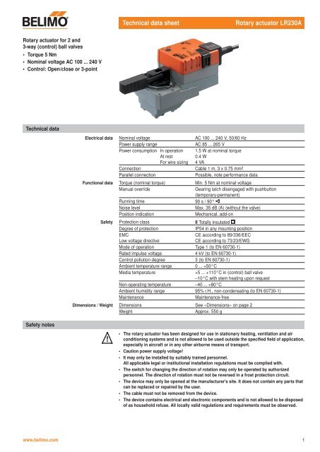Technical data sheet Rotary actuator LR230A - Belimo