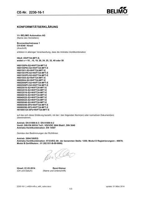 Konformita Tserkla Rung Belimo Automation Ag
