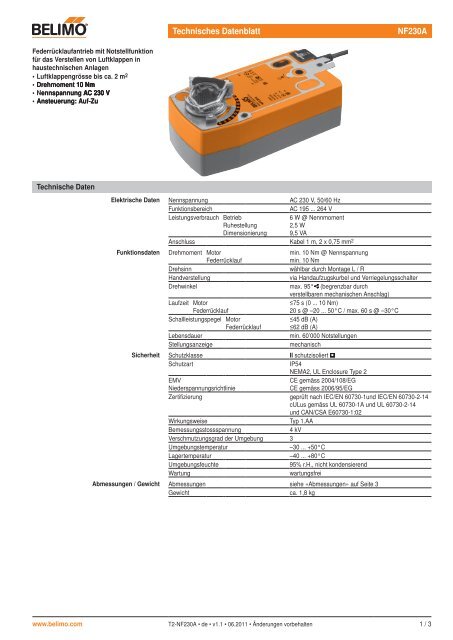 Technisches Datenblatt NF230A - Belimo