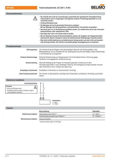 Technisches Datenblatt NF230A - Belimo
