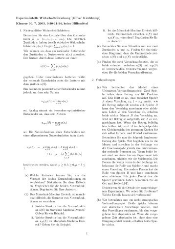 Experimentelle Wirtschaftsforschung (Oliver Kirchkamp) Klausur 30 ...