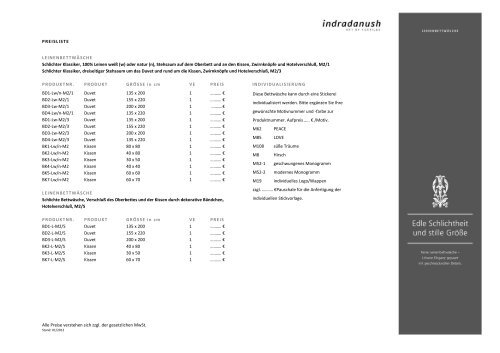 Alle Preise Verstehen Sich Zuzüglich Der Gesetzlichen Mehrwertsteuer PREISLISTE Alle Preise verstehen sich zzgl. der - Indradanush