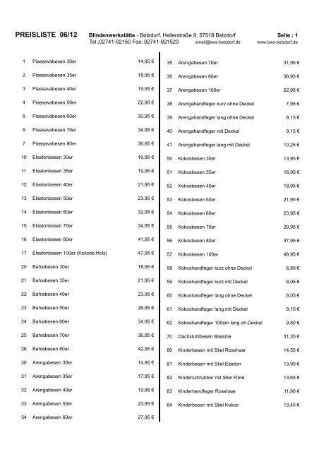 PREISLISTE 06/12 BlindenwerkstÃ¤tte - Betzdorf, HellerstraÃŸe 9 ...