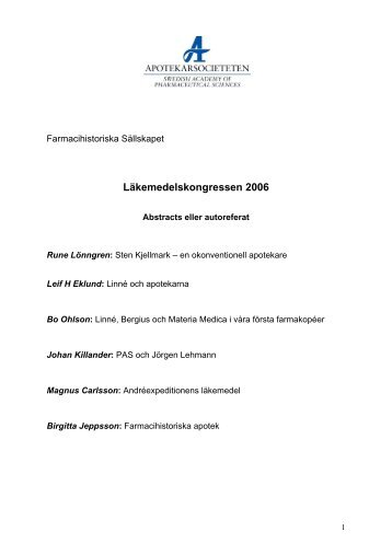 Referat frÃ¥n LÃ¤kemedelskongressen 2006 - Apotekarsocieteten