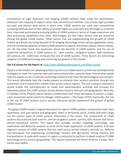 Global LIDAR Market (Product type, Applications, Component, ENd-User and Geography) - Size, Share, Global Trends, Company Profiles, Demand, Insights, Segmentation and Forecast, 2013 - 2020