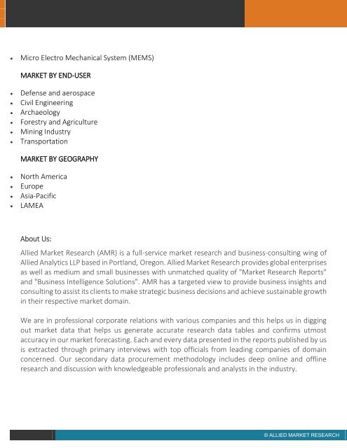 Global LIDAR Market (Product type, Applications, Component, ENd-User and Geography) - Size, Share, Global Trends, Company Profiles, Demand, Insights, Segmentation and Forecast, 2013 - 2020