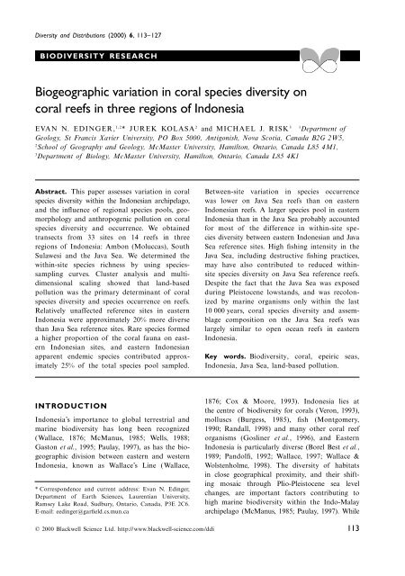 Biogeographic variation in coral species diversity on coral reefs in ...