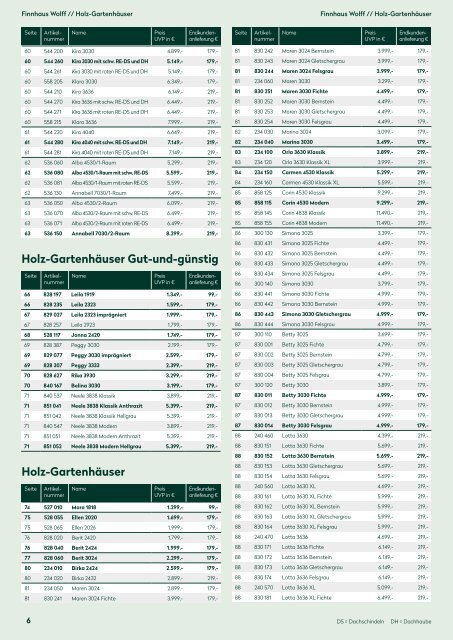 Wolff Preisliste Gartenhäuser