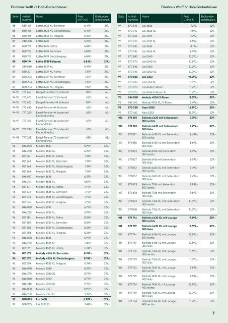 Wolff Preisliste Gartenhäuser