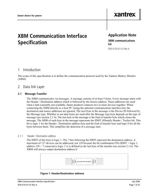 Xantrex Battery Monitor Communication Interface Specifications