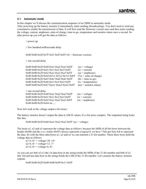 Xantrex Battery Monitor Communication Interface Specifications