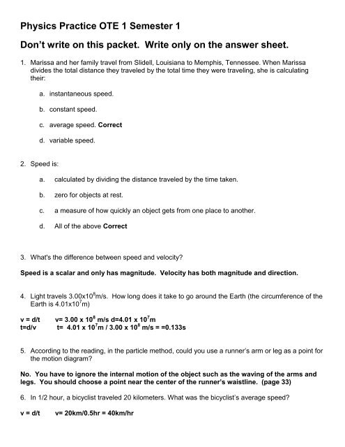 Physics Practice Ote 1 Semester 1 Don T Write On This Packet Write Physics Practice Ote 1 Semester 1 Don T Write On This Packet Write