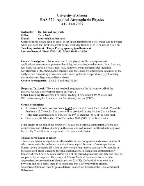 Eas 370 Applied Atmospheric Physics A1 Fall 2007 Earth - 