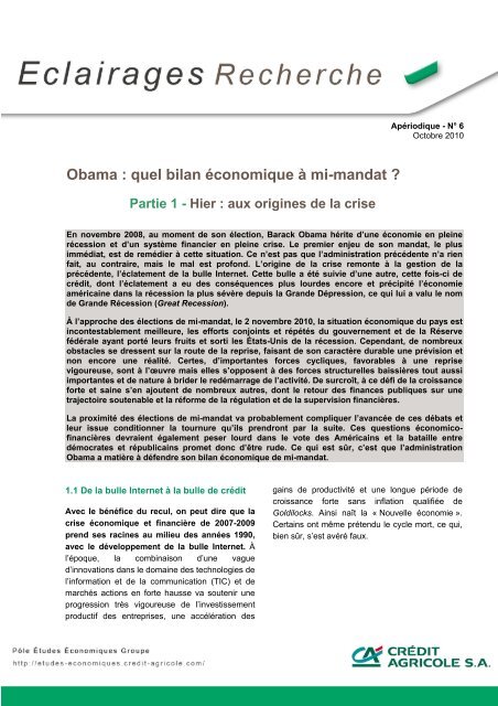 Obama : quel bilan Ã©conomique Ã  mi-mandat - Etudes Ã©conomiques ...