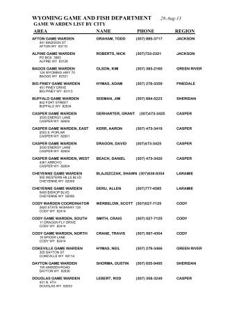 Area Game Warden Contact Info - Wyoming Game & Fish Department