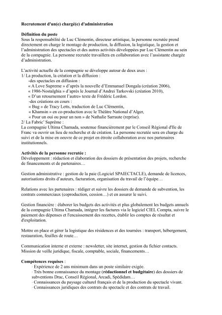 Recrutement d'un(e) chargÃ©(e) d'administration DÃ©finition du poste ...