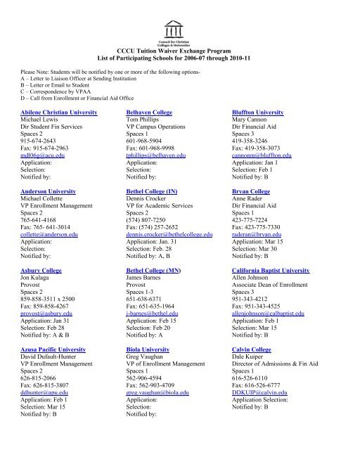 CCCU Tuition Waiver Exchange Program List of Participating ...