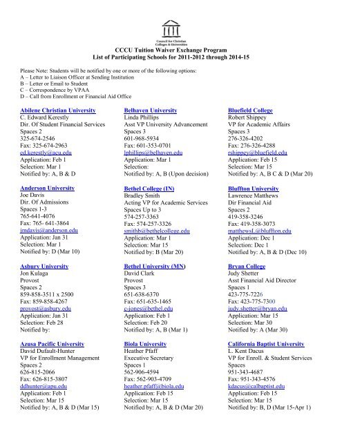 CCCU Tuition Waiver Exchange Program List of Participating ...