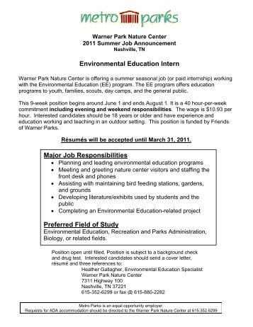 Environmental Education Intern - Friends of Warner Parks